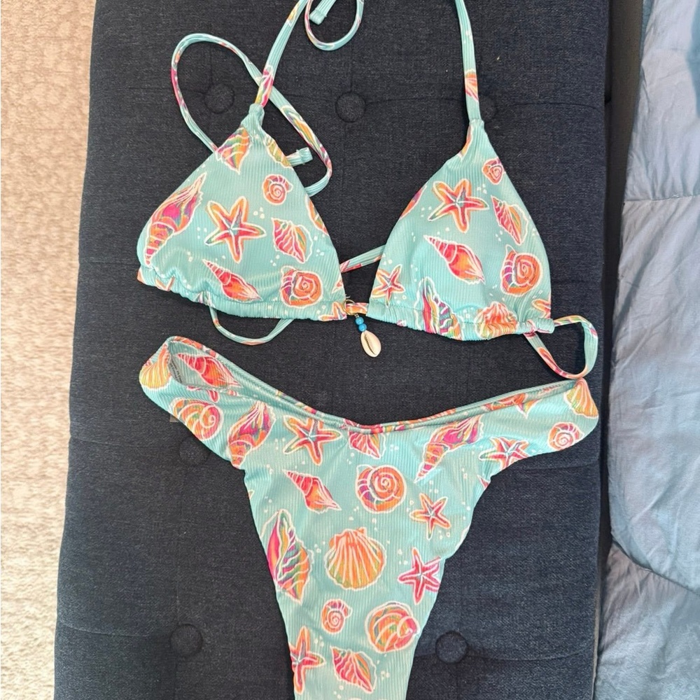 Sea Shell Print Triangle Bikini Set - Aqua Mint